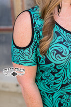 Load image into Gallery viewer, Cow Town Turquoise Tooled Women&#39;s Cold Shoulder Top- Crazy Train
