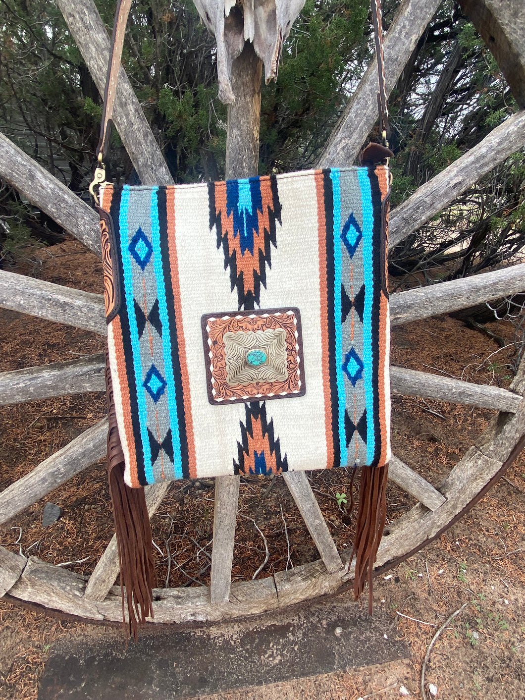 White & Turquoise Blanket Saddle Aztec Purse