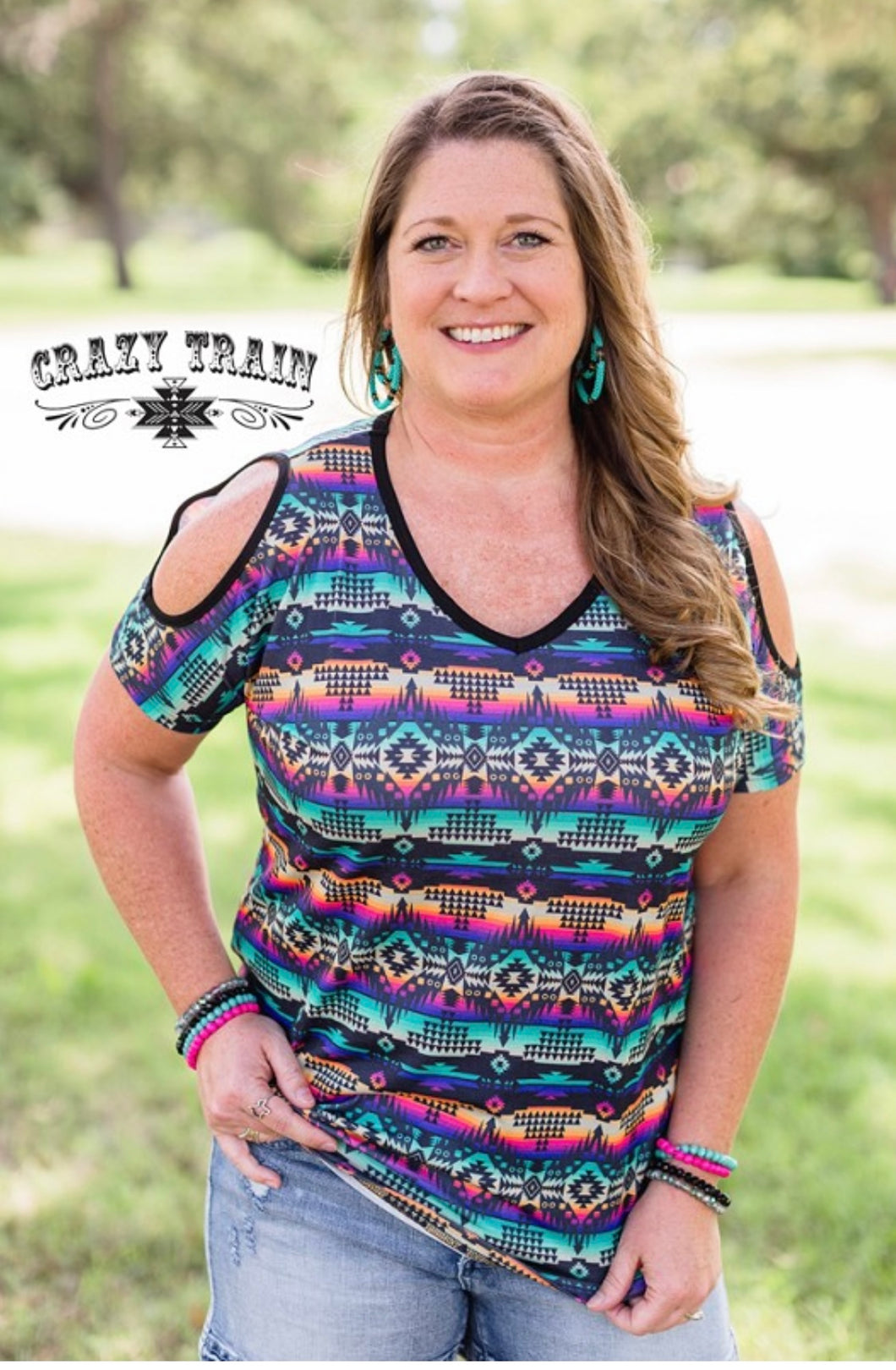 Aztec Cold Shoulder Women's Top- Crazy Train