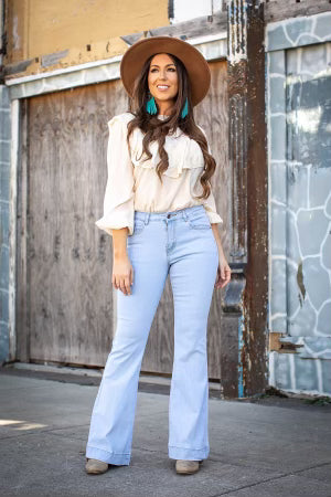 High Rise Western Flare Jeans Tie Back Detail