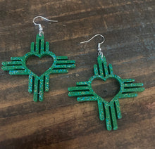 Load image into Gallery viewer, Green Sparkle  Zia Heart Earrings
