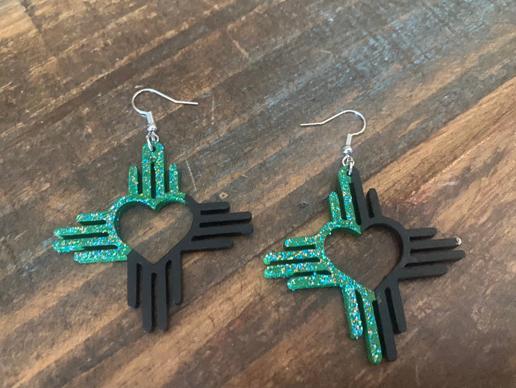 Green and Black Sparkle Zia Heart Earrings